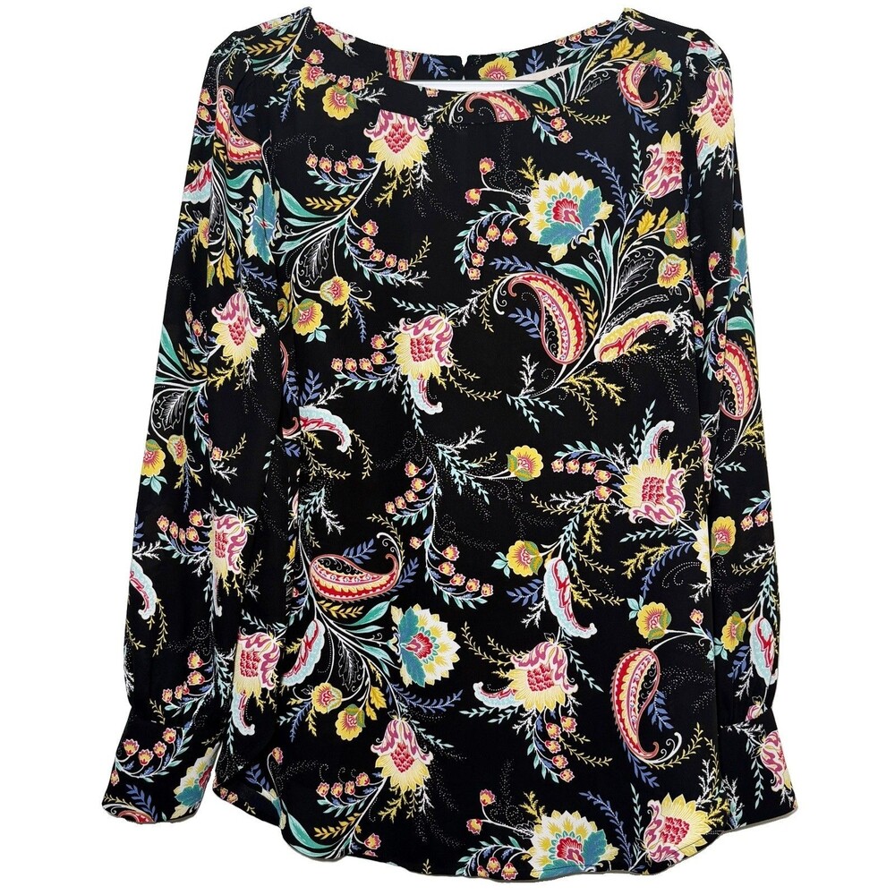 LOFT Small Black Floral Paisley Blouse Long Sleeve Split Neck Career Boho Top